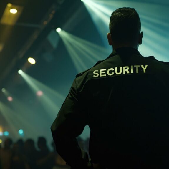Security Guard at Night Club, Concert, Event.  Dark, Moody Atmosphere. Safety, Protection Concept